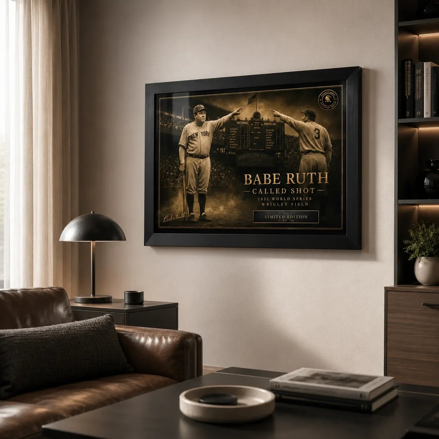 Babe Ruth Called Shot wall art displayed in a premium living room with a black frame and warm neutral styling.