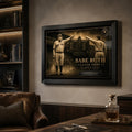 Black framed Babe Ruth Called Shot wall art in a dark luxury man cave with timber shelving and leather seating.