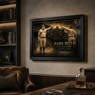 Black framed Babe Ruth Called Shot wall art in a dark luxury man cave with timber shelving and leather seating.