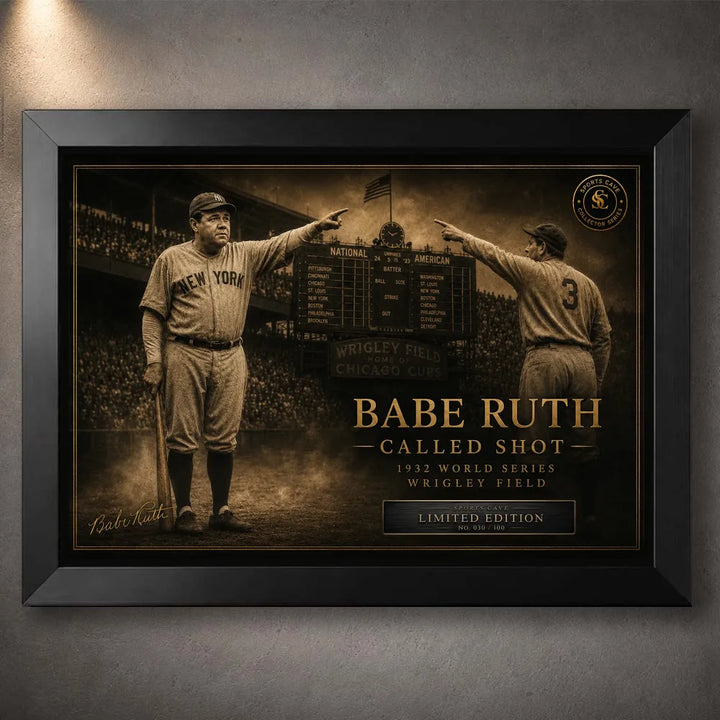 Black framed Babe Ruth Called Shot baseball wall art featuring the 1932 World Series scene at Wrigley Field.