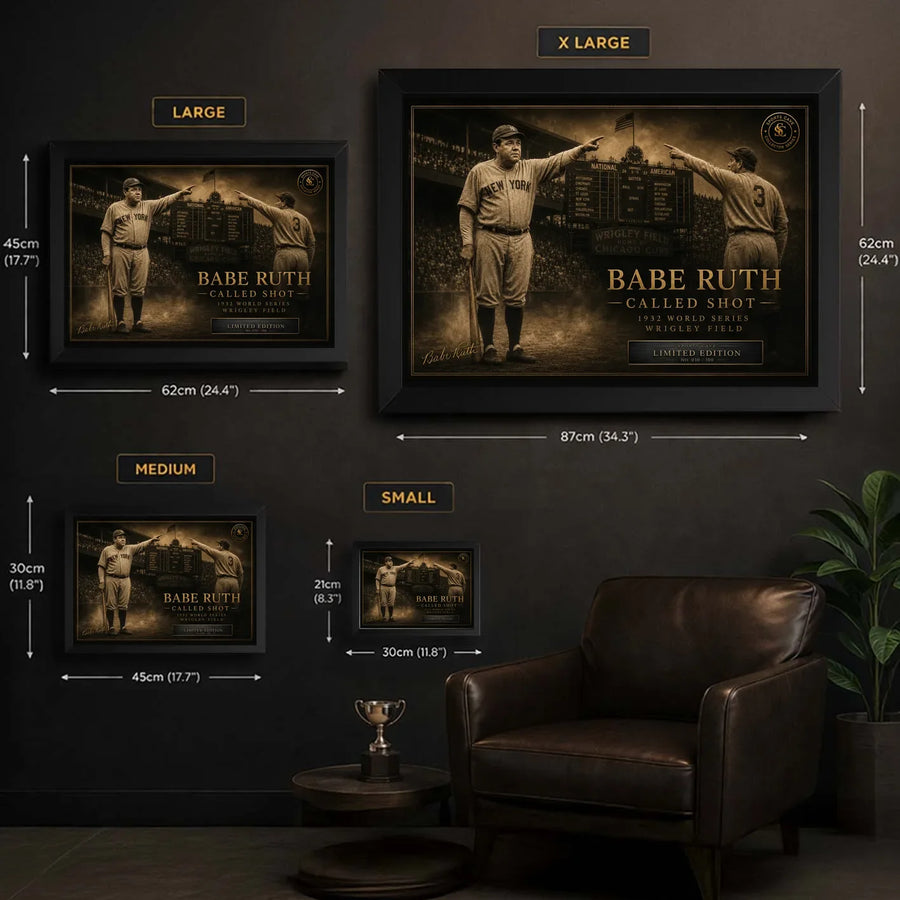 Babe Ruth Called Shot wall art size guide showing small, medium, large and XL framed dimensions.