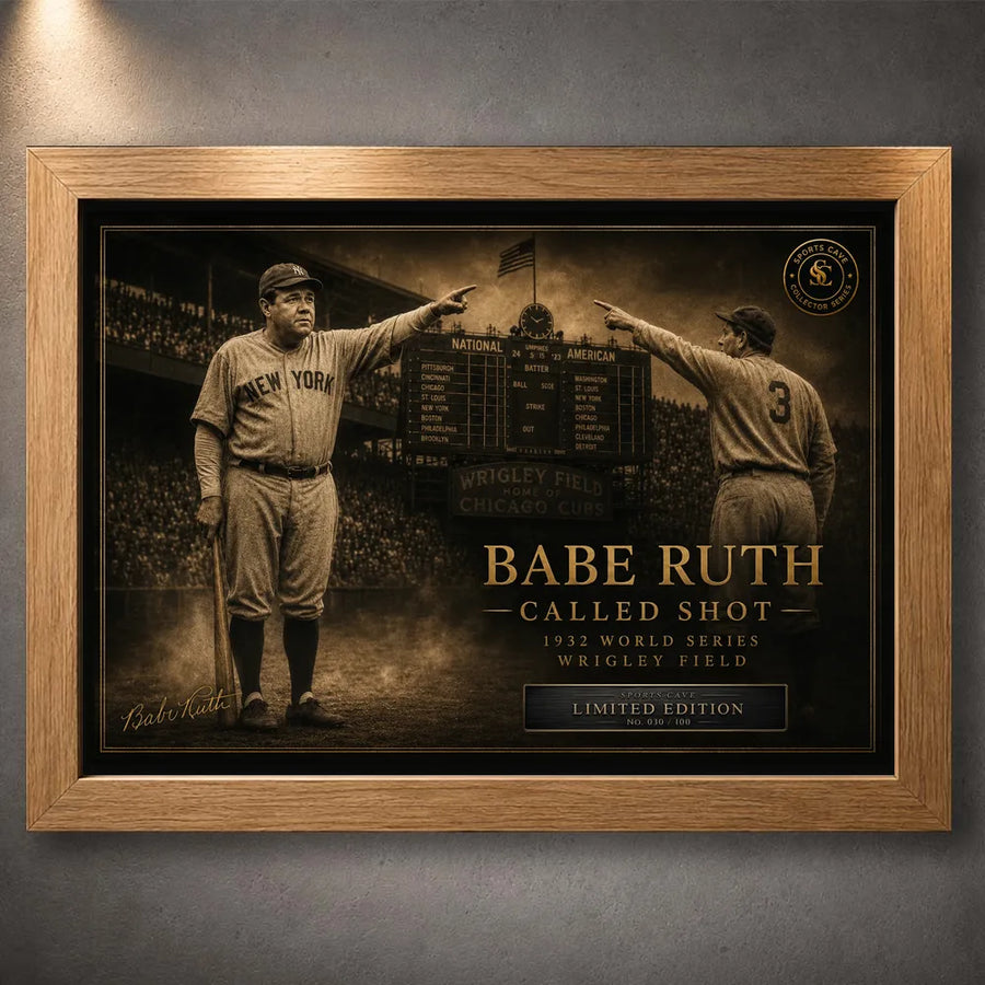 Oak framed Babe Ruth Called Shot baseball wall art featuring the 1932 World Series scene for collectors.