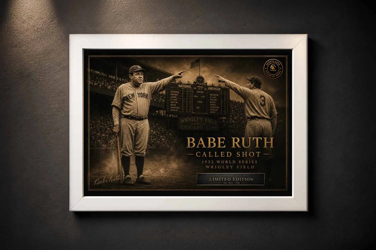 Babe Ruth called shot framed sports wall art in white frame featuring vintage baseball collectible design.