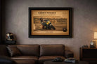 Barry Sheene framed artwork displayed in modern man cave setting, bold centerpiece for man cave wall décor