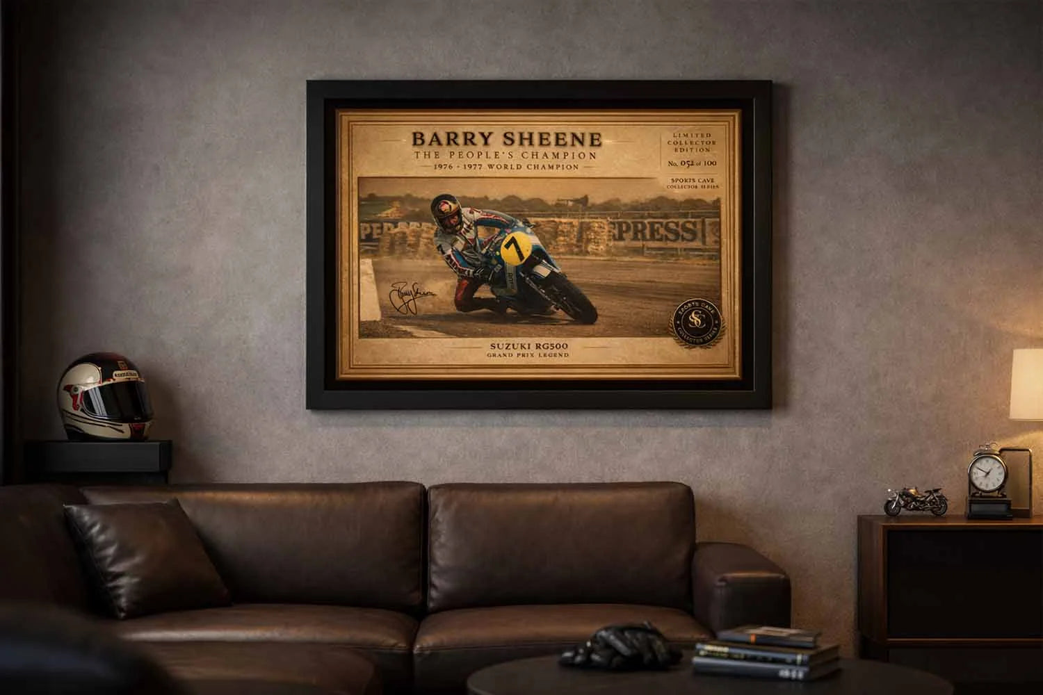 Barry Sheene framed artwork displayed in modern man cave setting, bold centerpiece for man cave wall décor