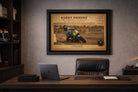 Barry Sheene framed racing print styled in executive office, subtle luxury feel as premium sports collectibles