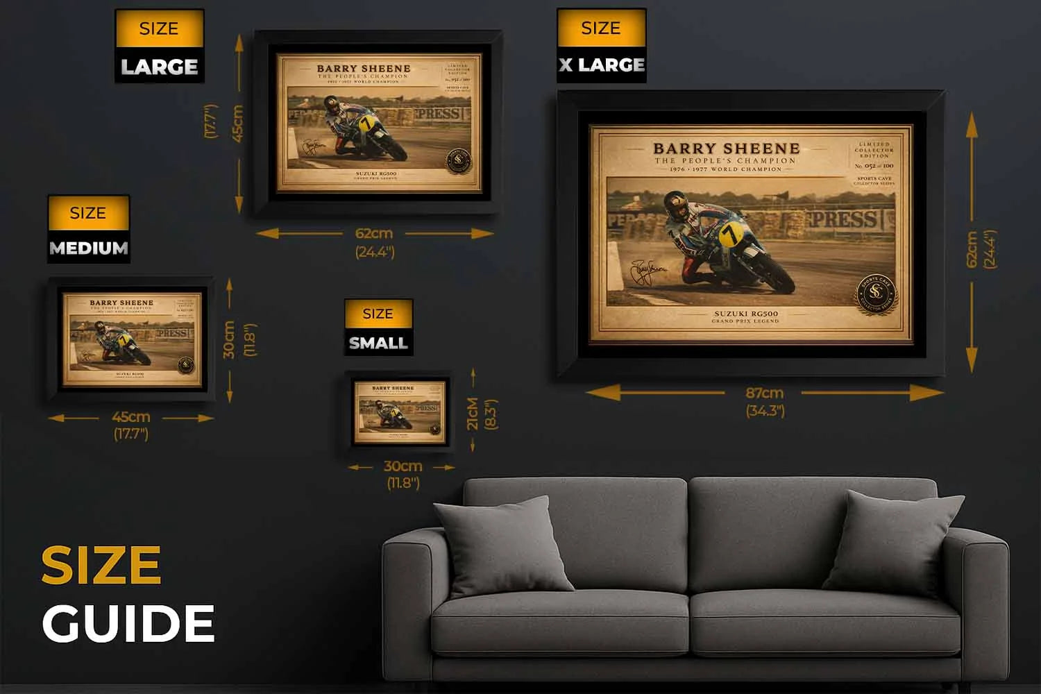 Barry Sheene framed artwork size guide showing multiple dimensions for perfect fit in framed sports memorabilia