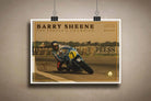 Unframed Barry Sheene motorbike poster hanging with clips for fans who prefer print only.