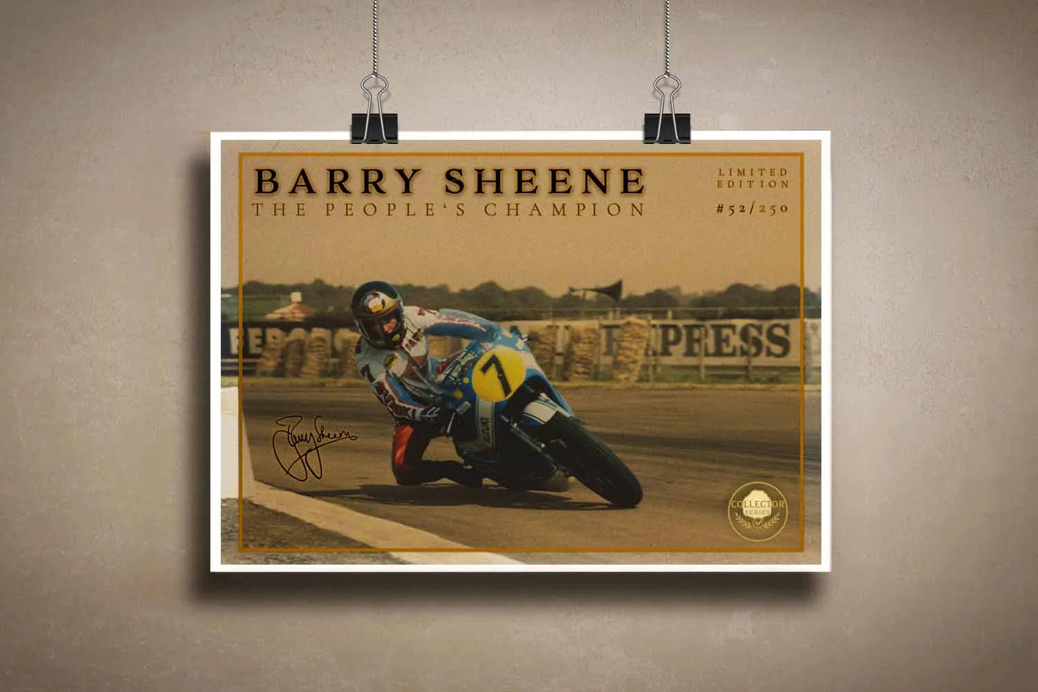 Unframed Barry Sheene motorbike poster hanging with clips for fans who prefer print only.
