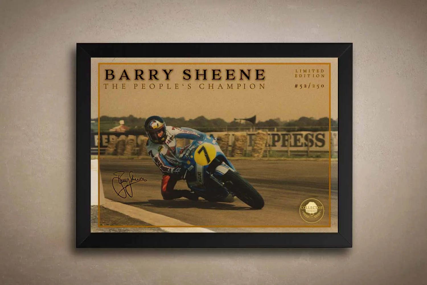 Limited edition framed sports art of Barry Sheene mid-turn—vintage racing wall print perfect for man cave wall art and motorsport collectors.