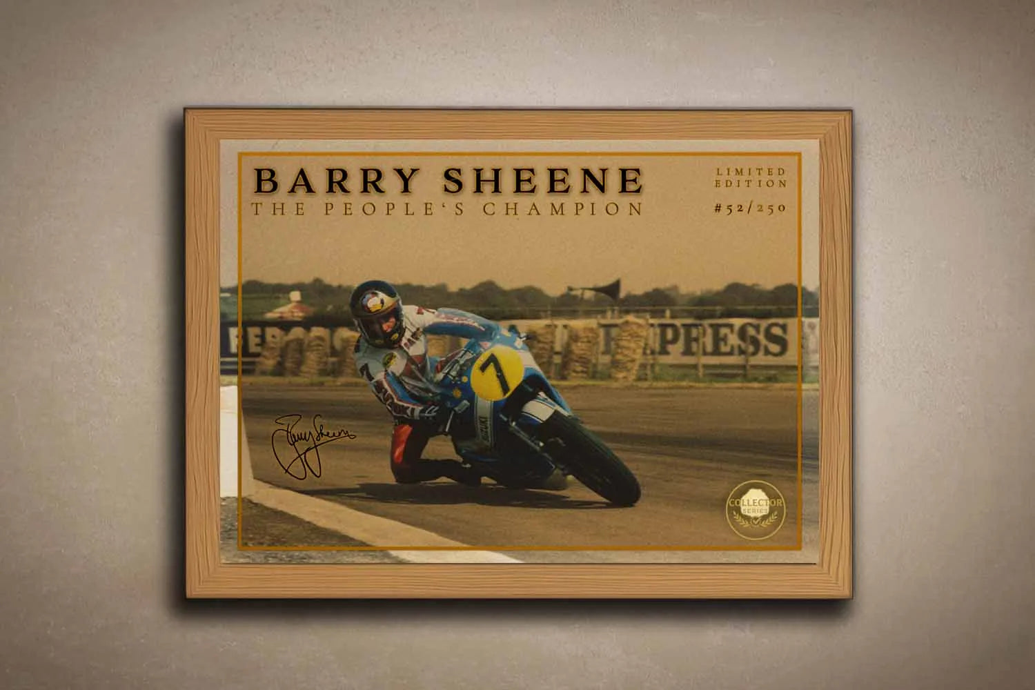 Oak framed Barry Sheene motorcycle racing wall art for classic UK living rooms and man caves by Sports Cave.