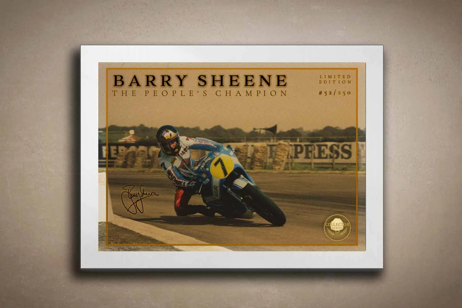 White framed Barry Sheene wall art limited edition print for clean modern UK interiors.