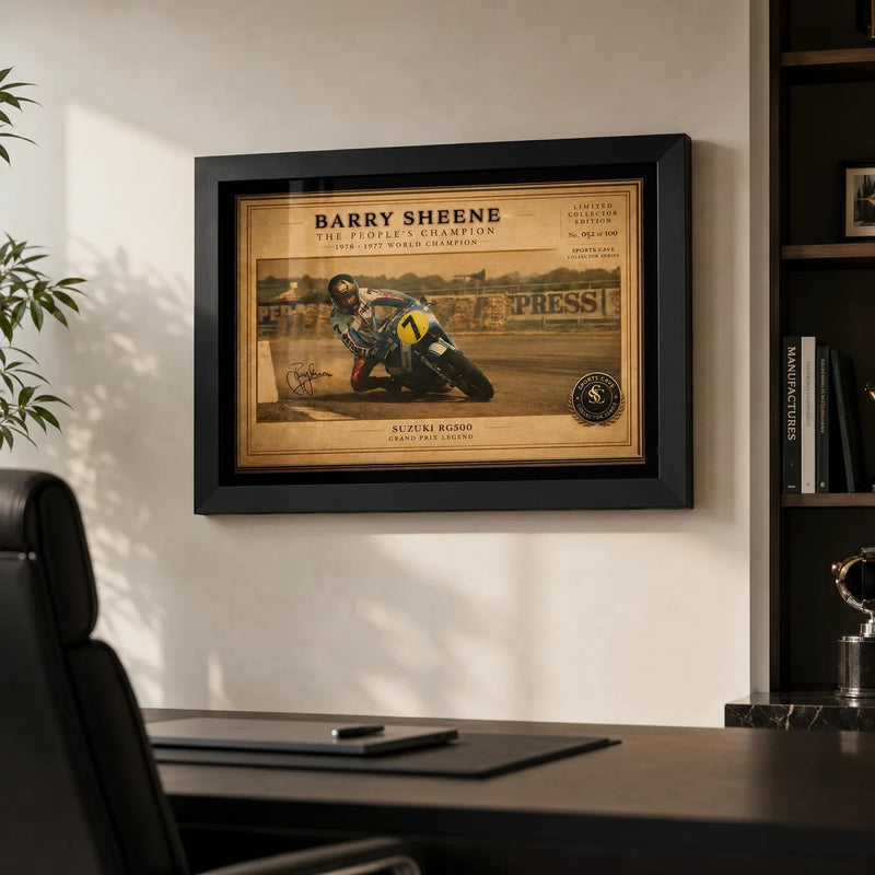 Barry Sheene Suzuki RG500 wall art displayed in a premium office for vintage motorsport fans.