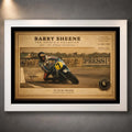 White framed Barry Sheene motorcycle racing wall art celebrating the People's Champion in a clean collector frame.