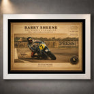 White framed Barry Sheene motorcycle racing wall art celebrating the People's Champion in a clean collector frame.