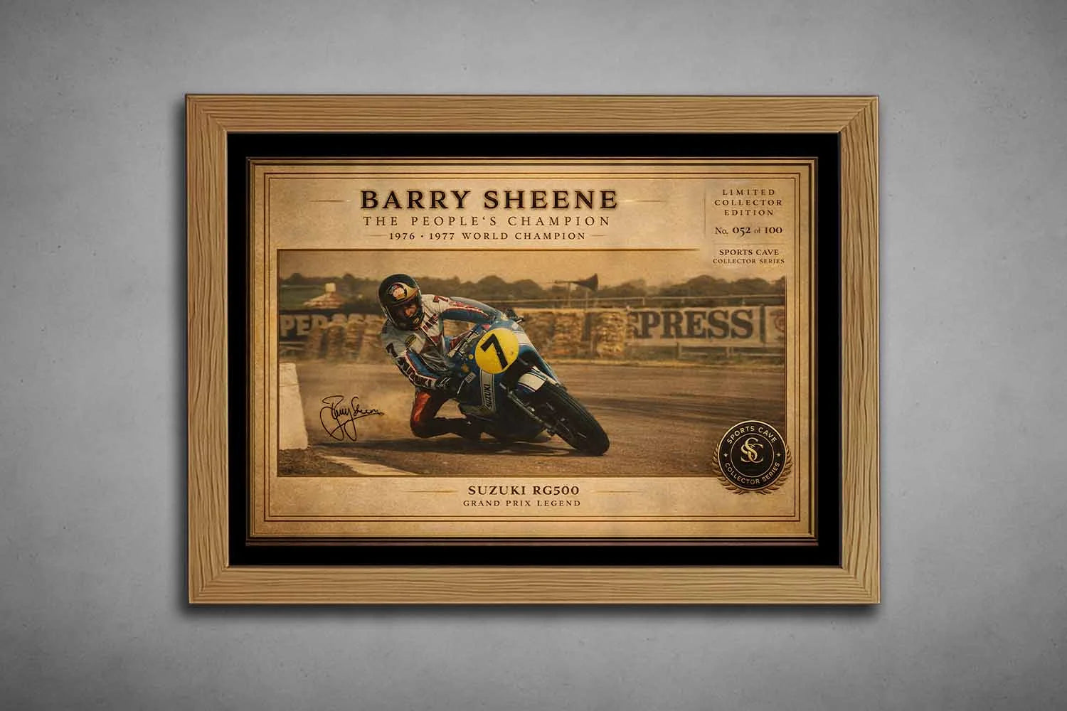 Barry Sheene motorsport print in natural oak frame, warm vintage tones highlighting racing legacy framed sports art