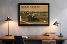 Barry Sheene black framed wall art displayed above a work desk in a stylish UK home office.