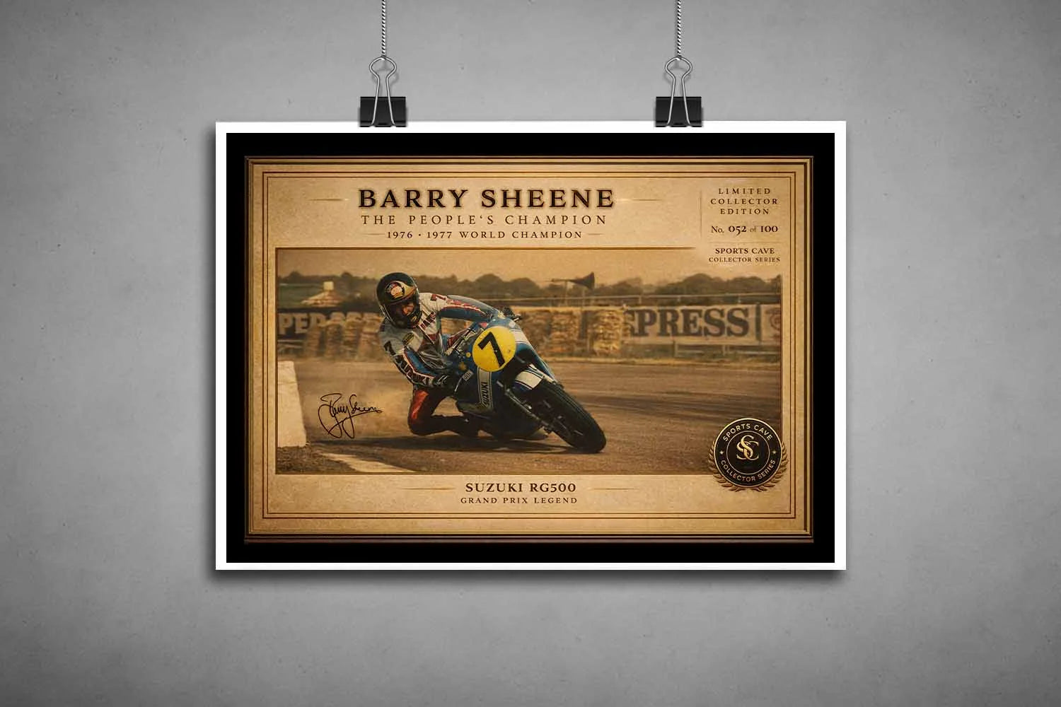 Unframed Barry Sheene Suzuki RG500 print showcasing detailed vintage race moment as collectible sports art prints