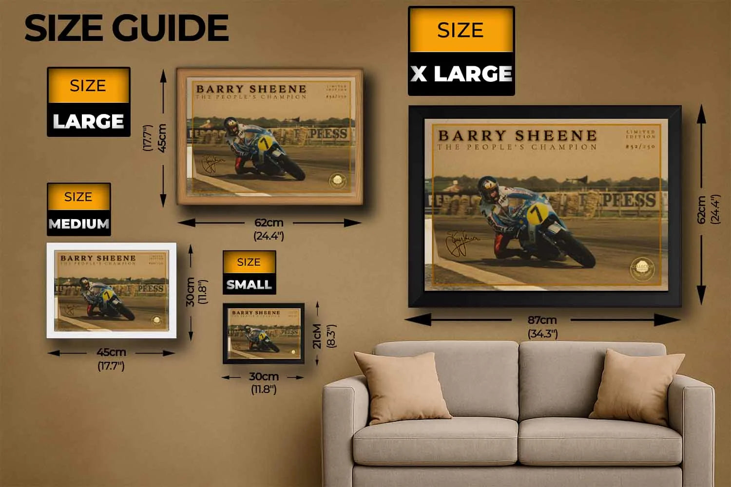 Barry Sheene wall art size guide showing small, medium, large and extra large framed prints for UK homes.