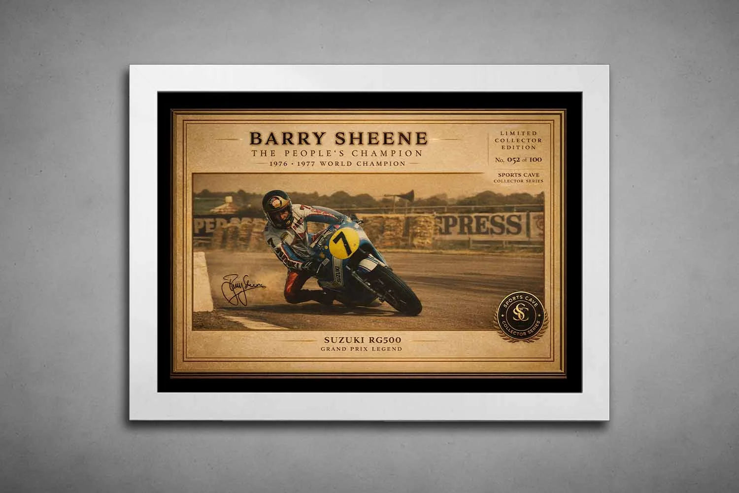 Barry Sheene limited edition racing artwork in clean white frame, balanced display as refined sports wall art