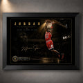 Basketball dunk artwork in a black frame on a dark arena background.