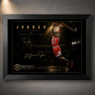 Basketball dunk artwork in a black frame on a dark arena background.