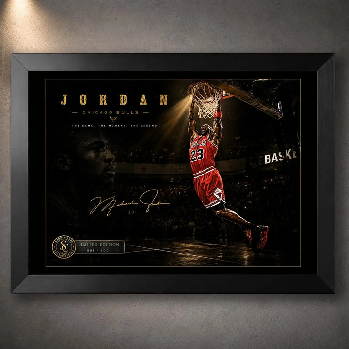 Basketball dunk artwork in a black frame on a dark arena background.