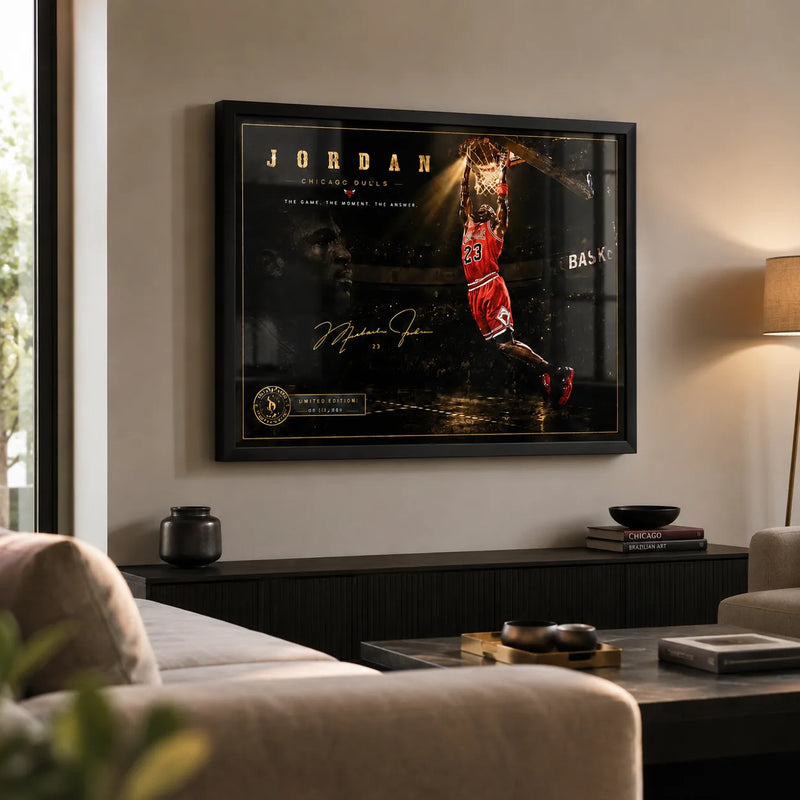 Basketball dunk artwork displayed in a modern living room setting.