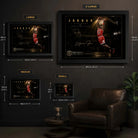Basketball dunk wall art size guide showing small, medium, large, and extra large framed options.