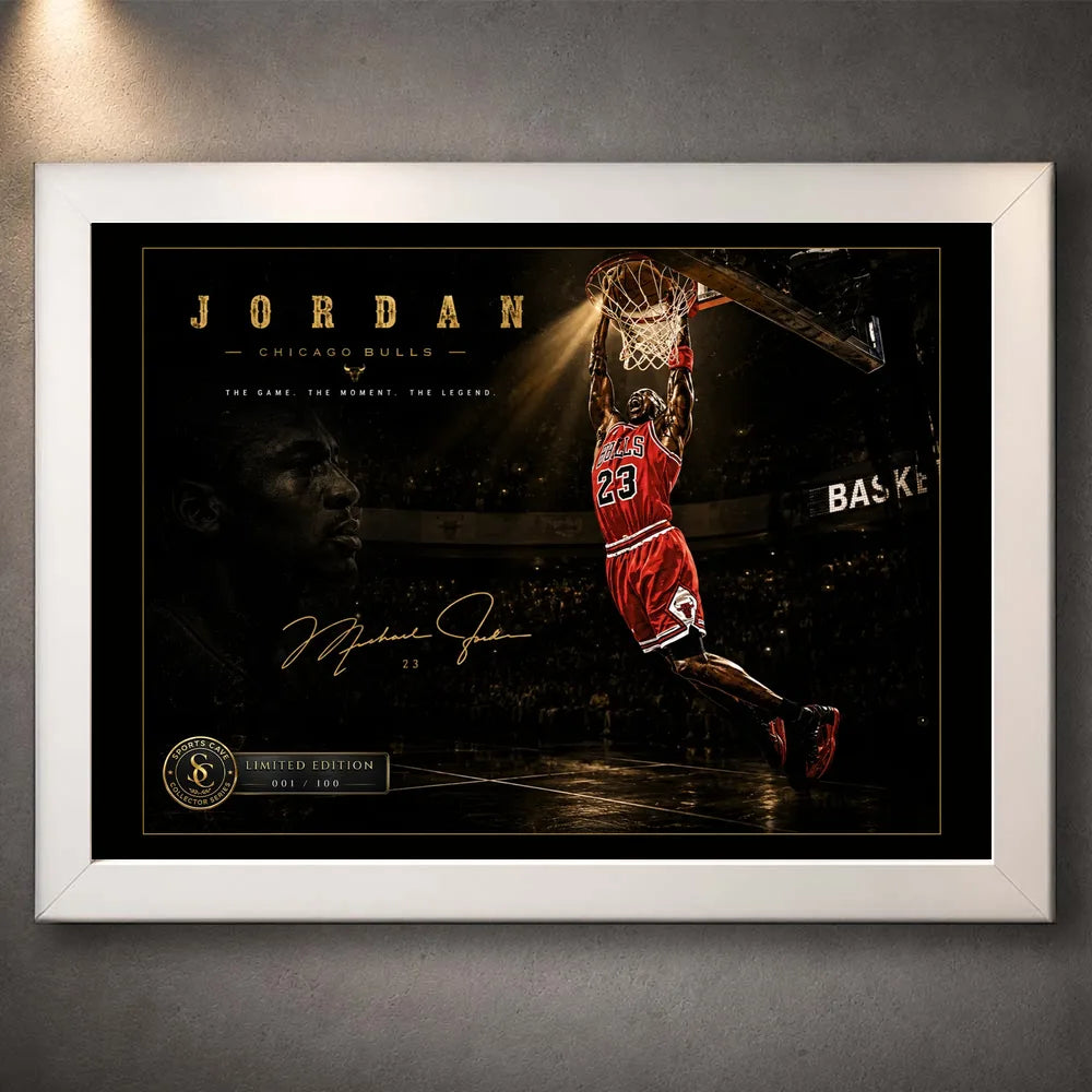 Basketball dunk wall art shown in a white frame against a dark arena scene.