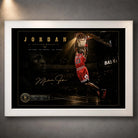 Basketball dunk wall art shown in a white frame against a dark arena scene.