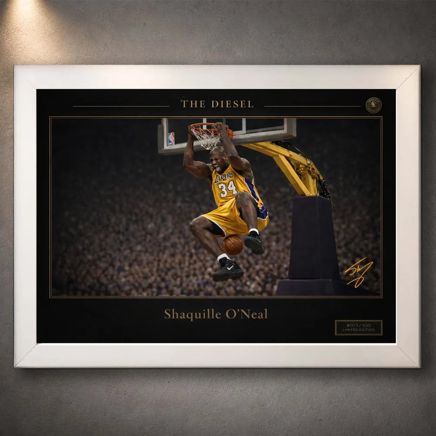 White framed basketball artwork shown on a textured grey wall with black and gold design details