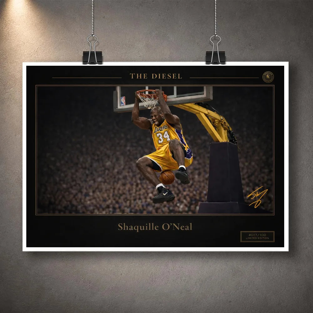 Unframed basketball print hanging with clips against a textured grey wall