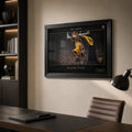 Black framed basketball wall art displayed above a modern office desk with warm shelving