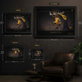 Basketball wall art sizing chart showing framed size options displayed on a dark wall