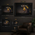 Basketball wall art sizing chart showing framed size options displayed on a dark wall