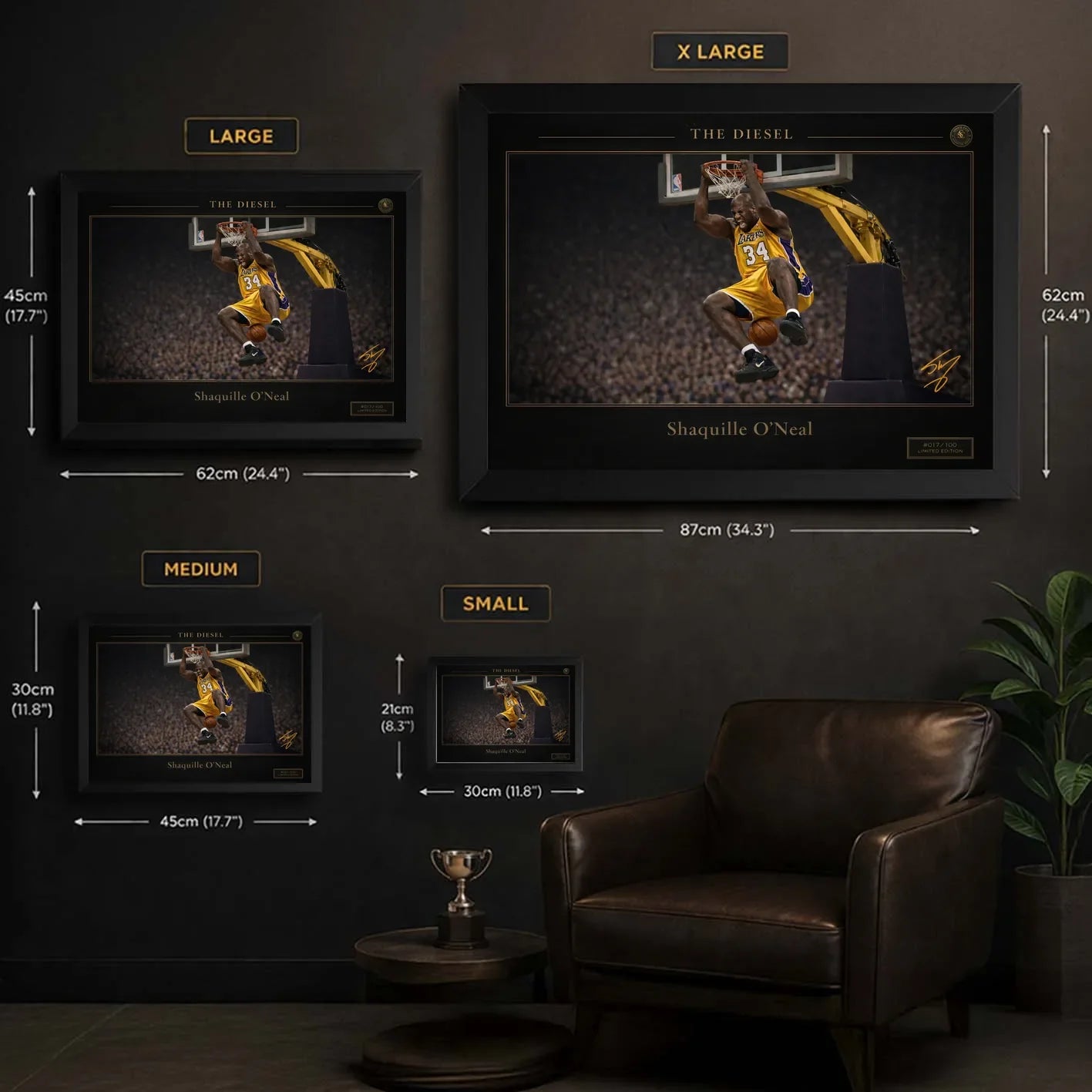 Basketball wall art sizing chart showing framed size options displayed on a dark wall