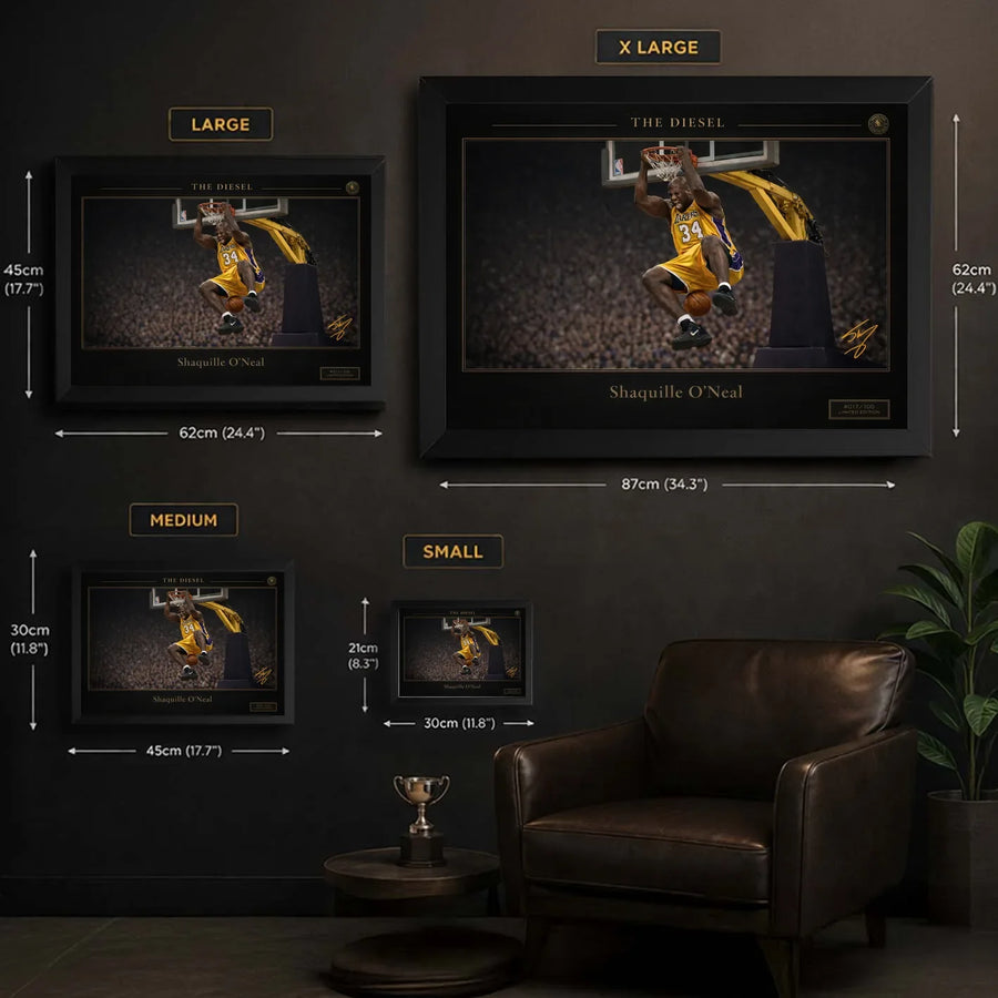 Basketball wall art sizing chart showing framed size options displayed on a dark wall