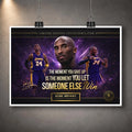 Unframed Kobe Bryant basketball art print hanging with clips, shown on a textured concrete wall.