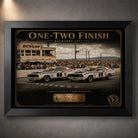 Black framed Bathurst 1977 One-Two Finish wall art celebrating the Ford Falcon XC finish for motorsport fans.