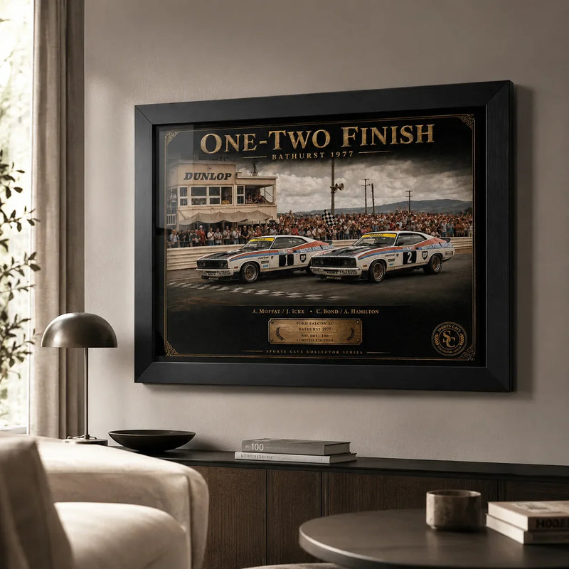 Bathurst 1977 One-Two Finish wall art displayed in a modern living room for collectors of Australian motorsport history.