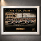 White framed Bathurst 1977 One-Two Finish wall art featuring the Ford Falcon XC finish for motorsport collectors.