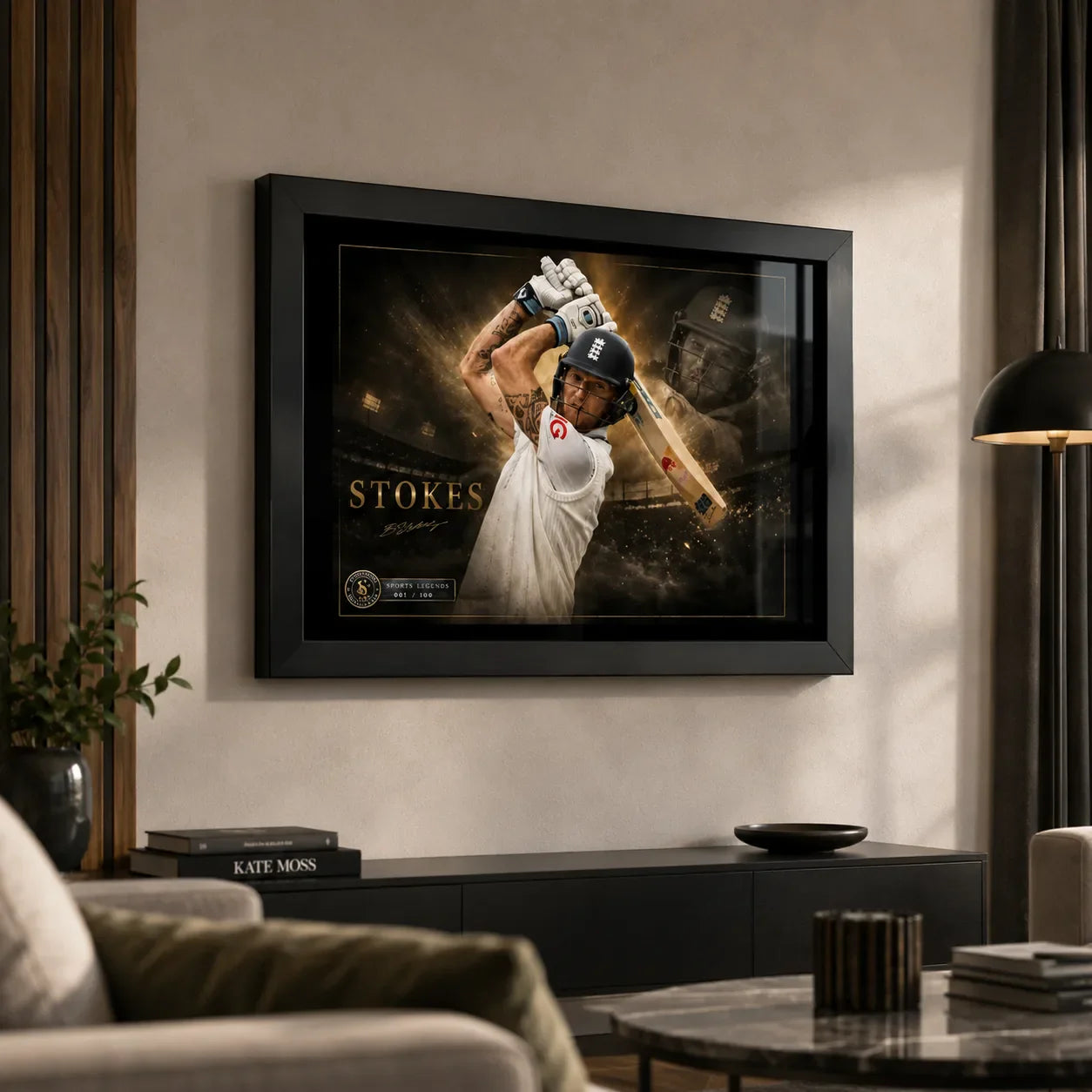 Ben Stokes framed cricket wall art displayed in a premium modern living room, made for Ashes fans and collectors.