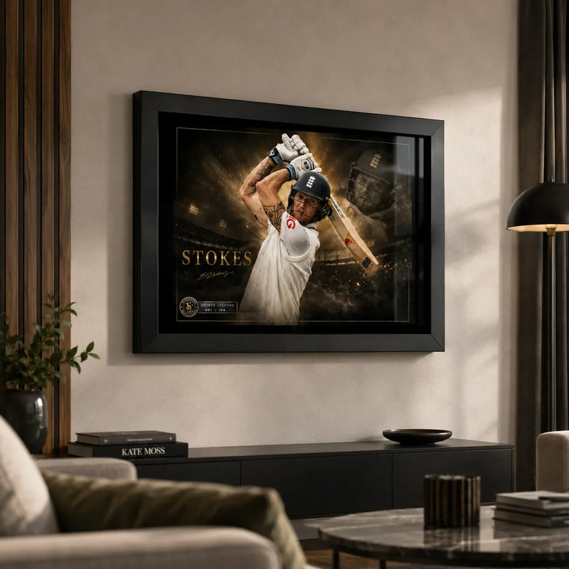 Ben Stokes framed cricket wall art displayed in a premium modern living room, made for Ashes fans and collectors.