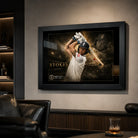 Ben Stokes Ashes framed cricket memorabilia displayed in a dark premium man cave with collector-style lighting.