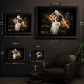 Ben Stokes framed cricket wall art size guide showing small, medium, large and extra-large dimensions in centimetres.