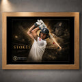 Ben Stokes Ashes masterclass artwork in a natural oak frame, premium cricket memorabilia for collectors and fans.