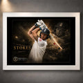 Ben Stokes Ashes masterclass artwork in a clean white frame, premium cricket wall art for modern fan spaces.