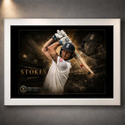 Ben Stokes Ashes masterclass artwork in a clean white frame, premium cricket wall art for modern fan spaces.