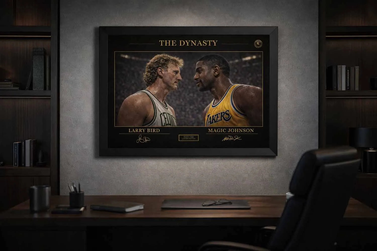 Executive office featuring Larry Bird vs Magic Johnson framed artwork, elegant premium sports collectibles display